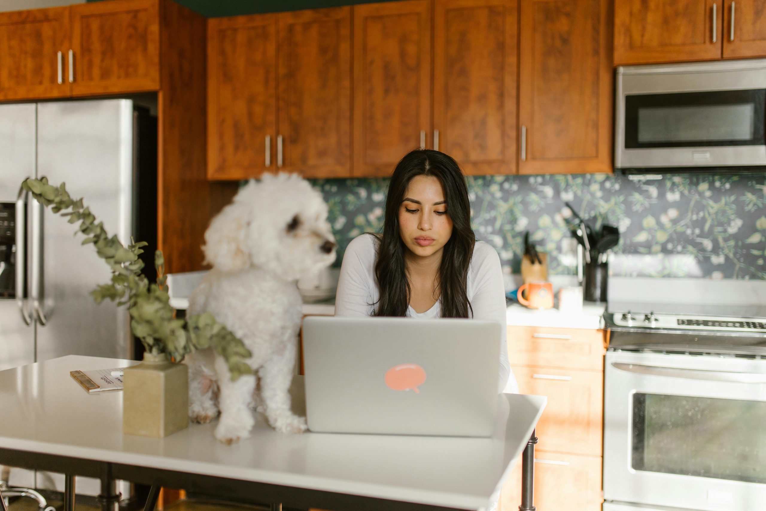 woman using her laptop at a kitchen island with her pet dog