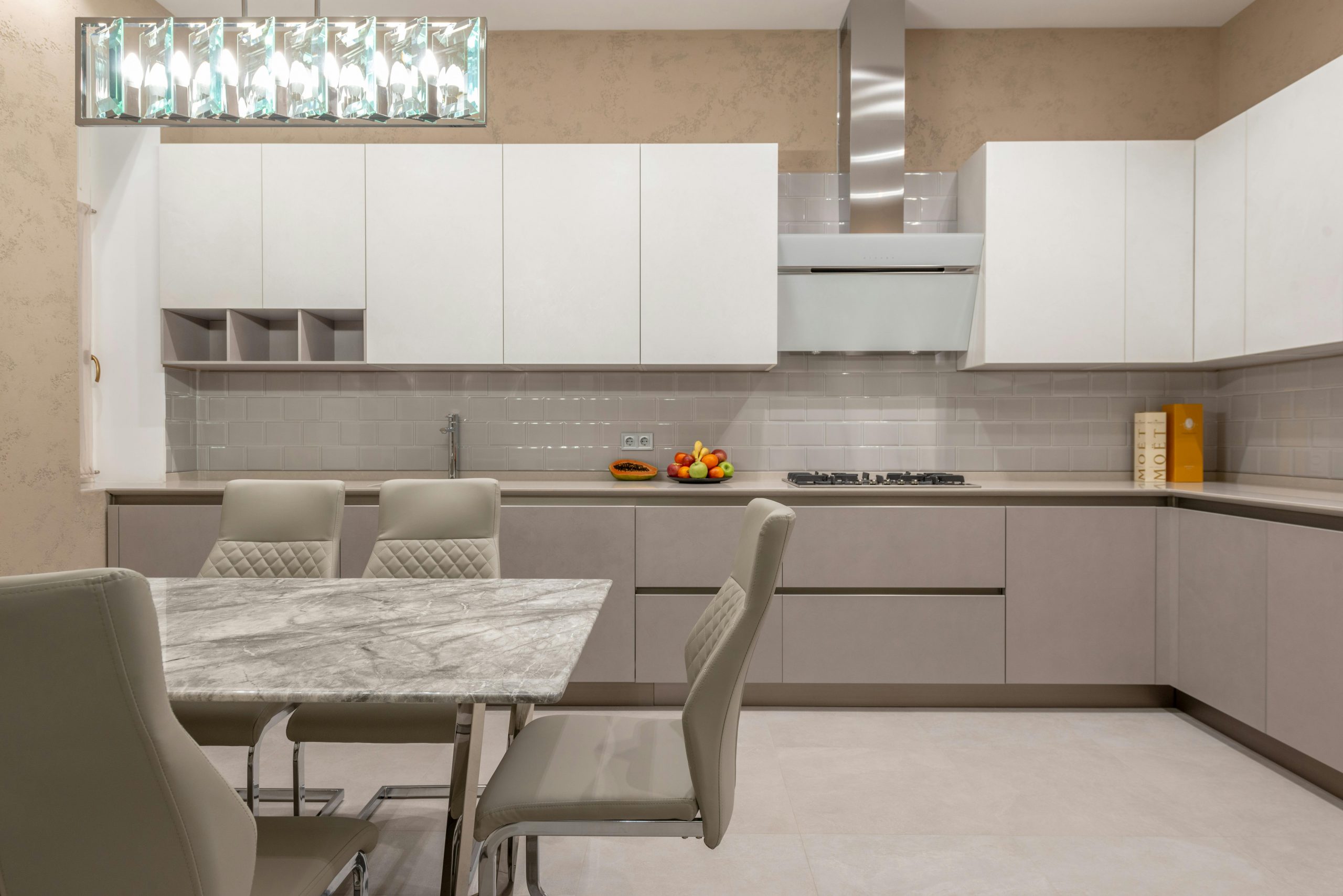 white and greige kitchen cabinets