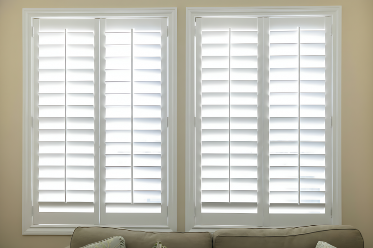 outside mount plantation shutters above a couch
