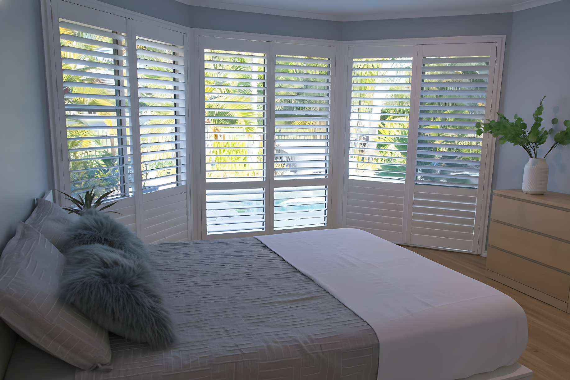 large plantation shutters in a bedroom
